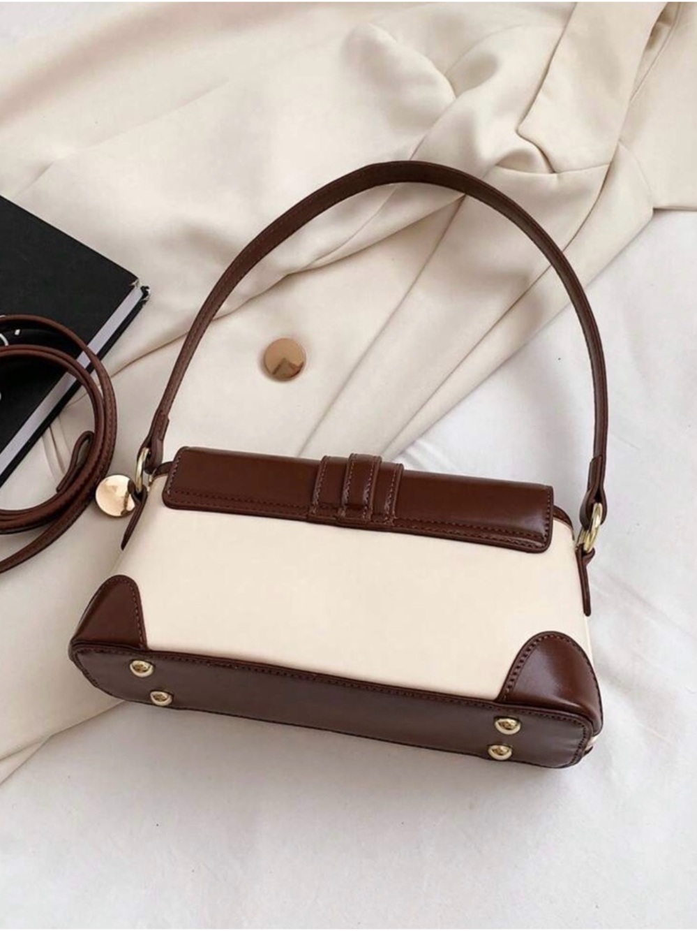 Classic Two-Tone Brown and Cream Vintage style Crossbody Bag - Picture 5 of 10